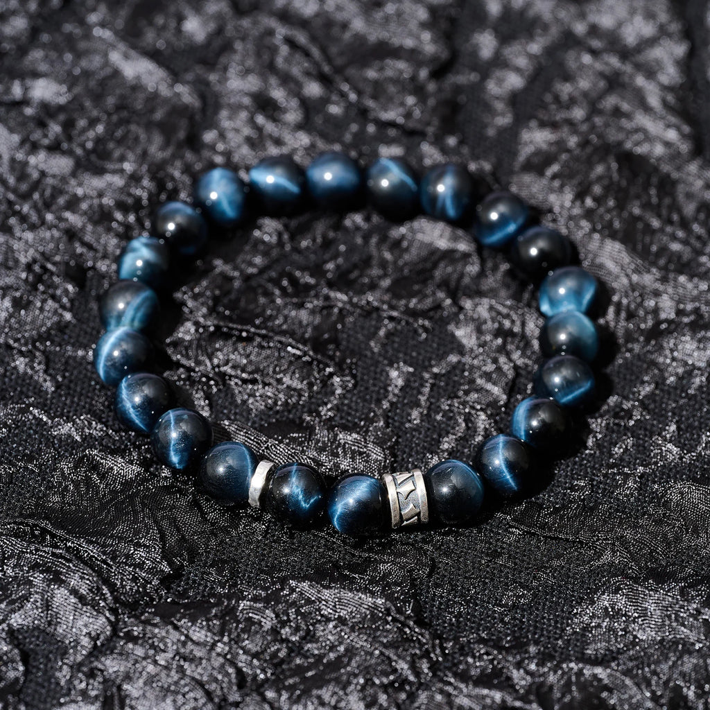 Men's Blue Tiger-Eye Titanium-Steel Beaded Bracelet