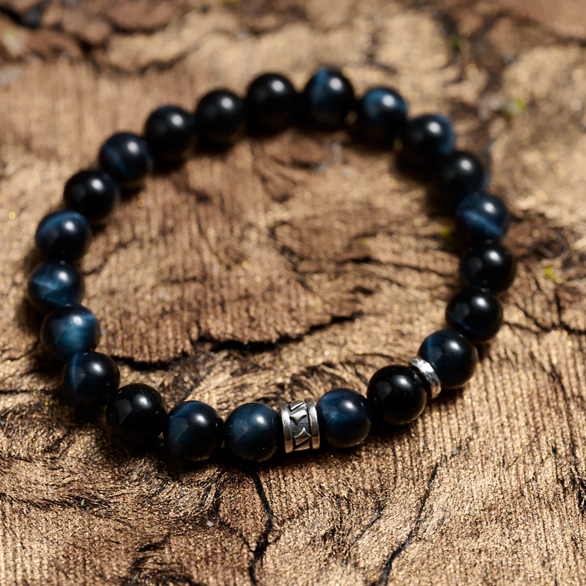 Men's Blue Tiger-Eye Titanium-Steel Beaded Bracelet