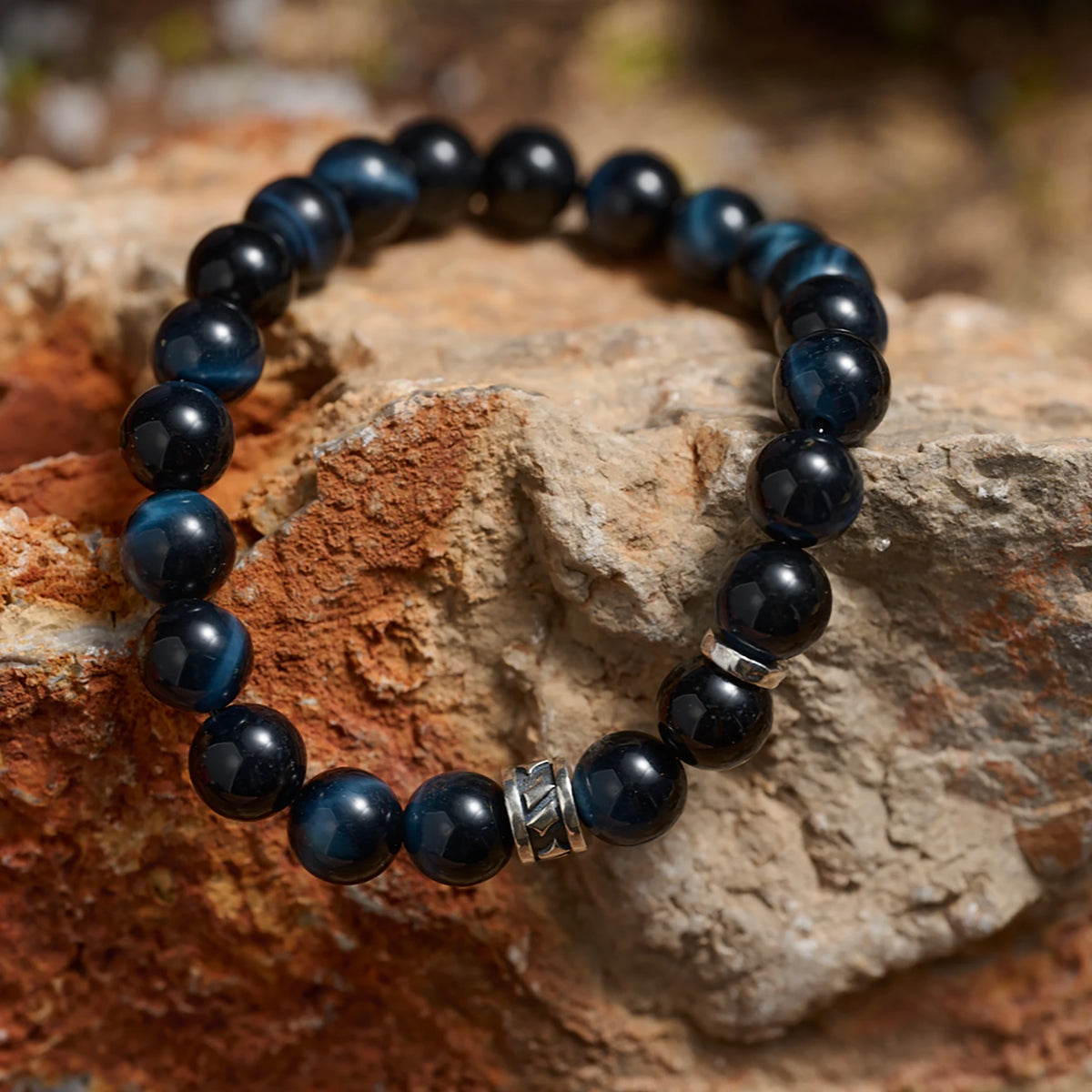 Men's Blue Tiger-Eye Titanium-Steel Beaded Bracelet