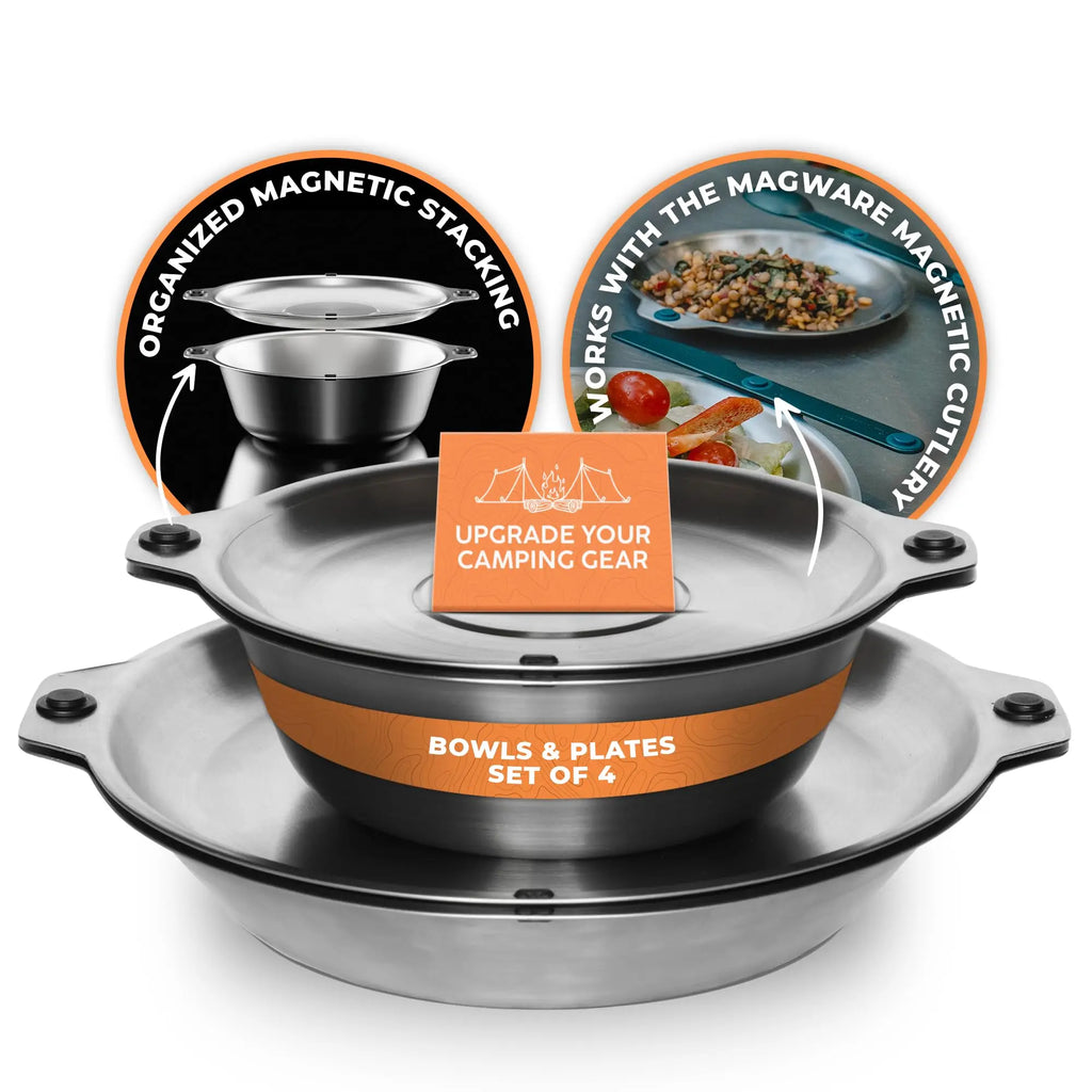 Magnetic Stainless Steel Travel Dinnerware Set for Camping and Outdoor Dining