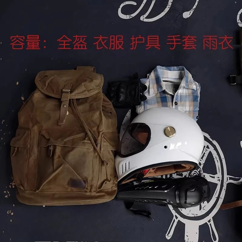 Retro Waxed Canvas Motorcycle Backpack Weatherproof