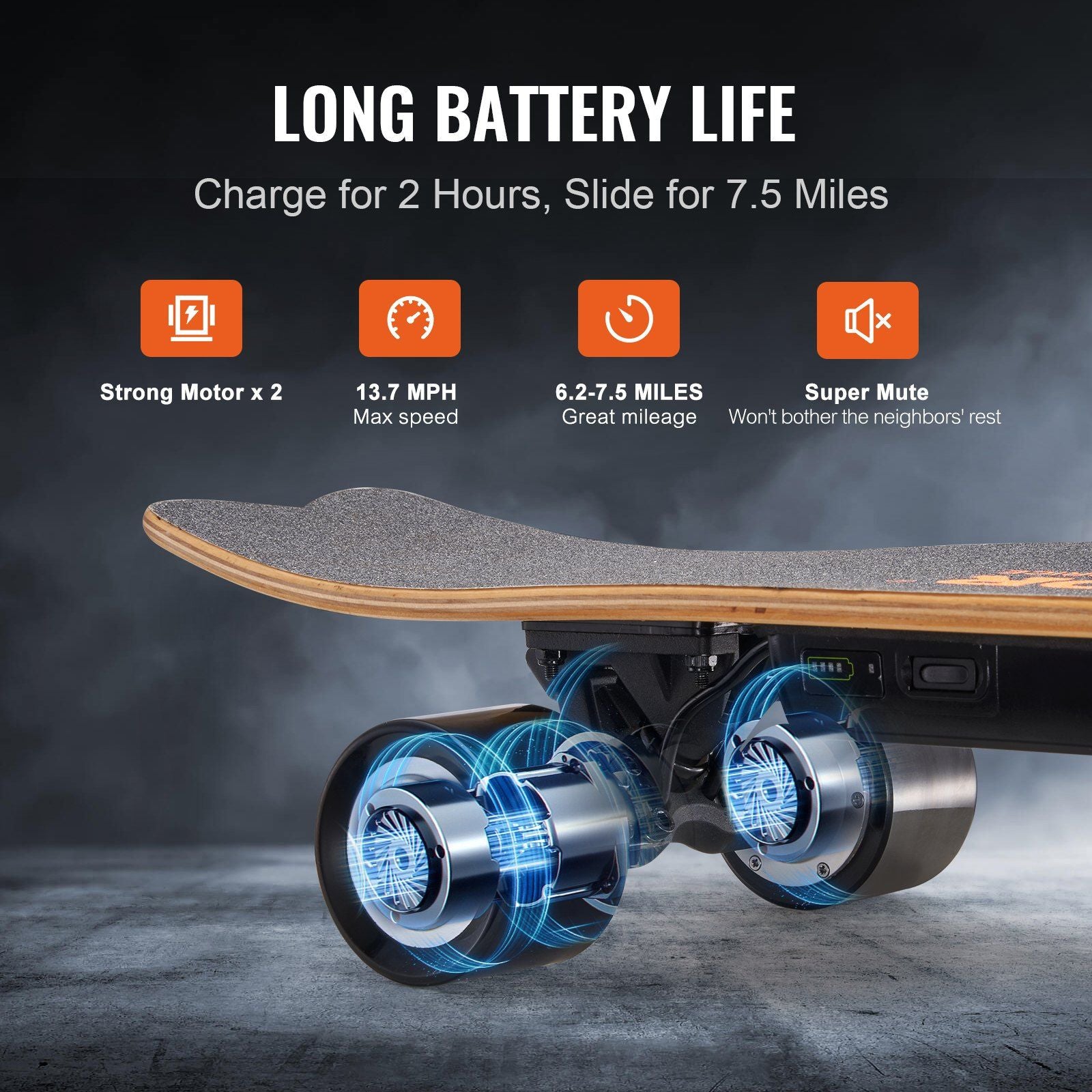 VEVOR Electric Longboard Skateboard - 7.5 Mile Range, 13.7 mph Max Speed for All Ages