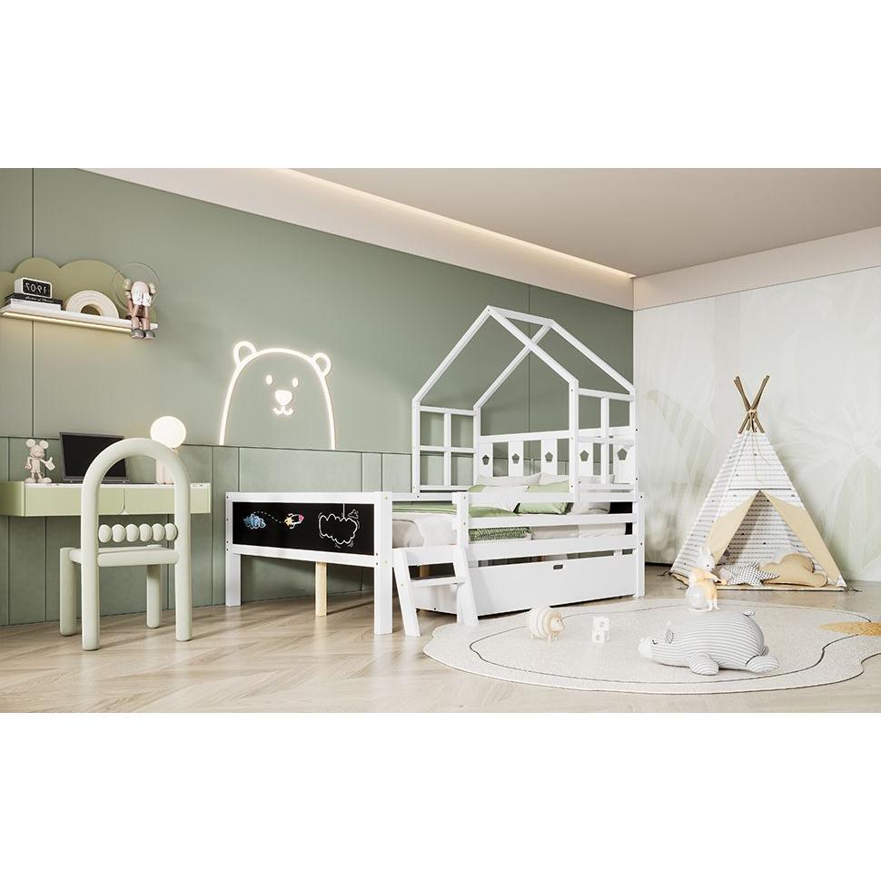 Whimsical Loft Bed with Chalkboard Ends and Storage for Kids - Sturdy Wooden Design