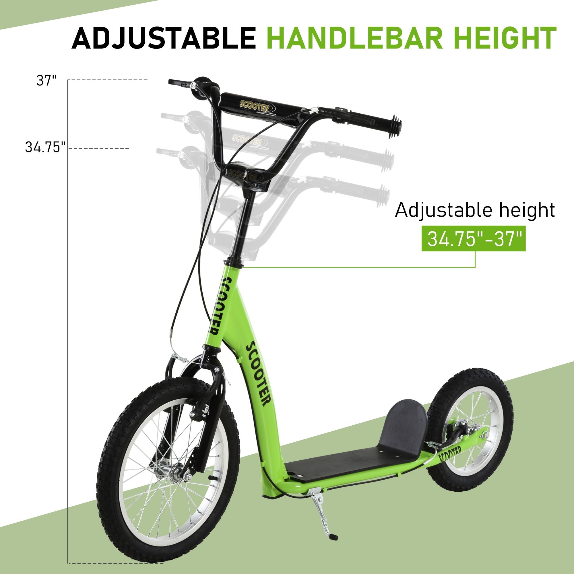 Versatile Green Kick Scooter for Kids 5+ with Inflatable Wheels and Adjustable Height