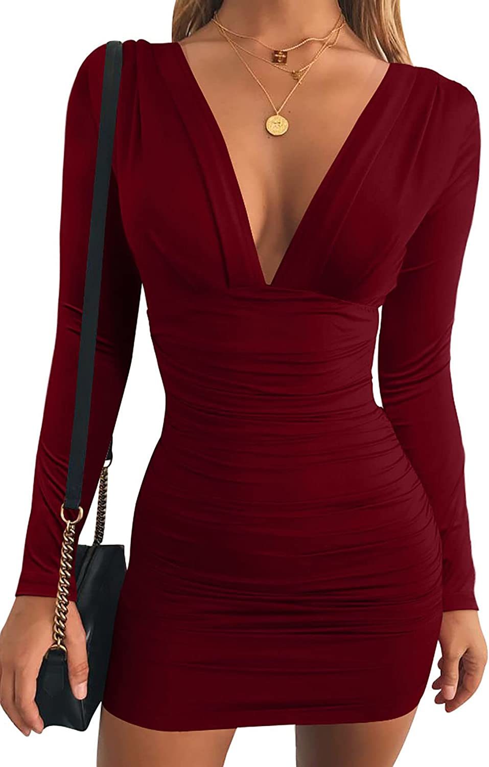 V Neck Ruched Elegance Bodycon Dress