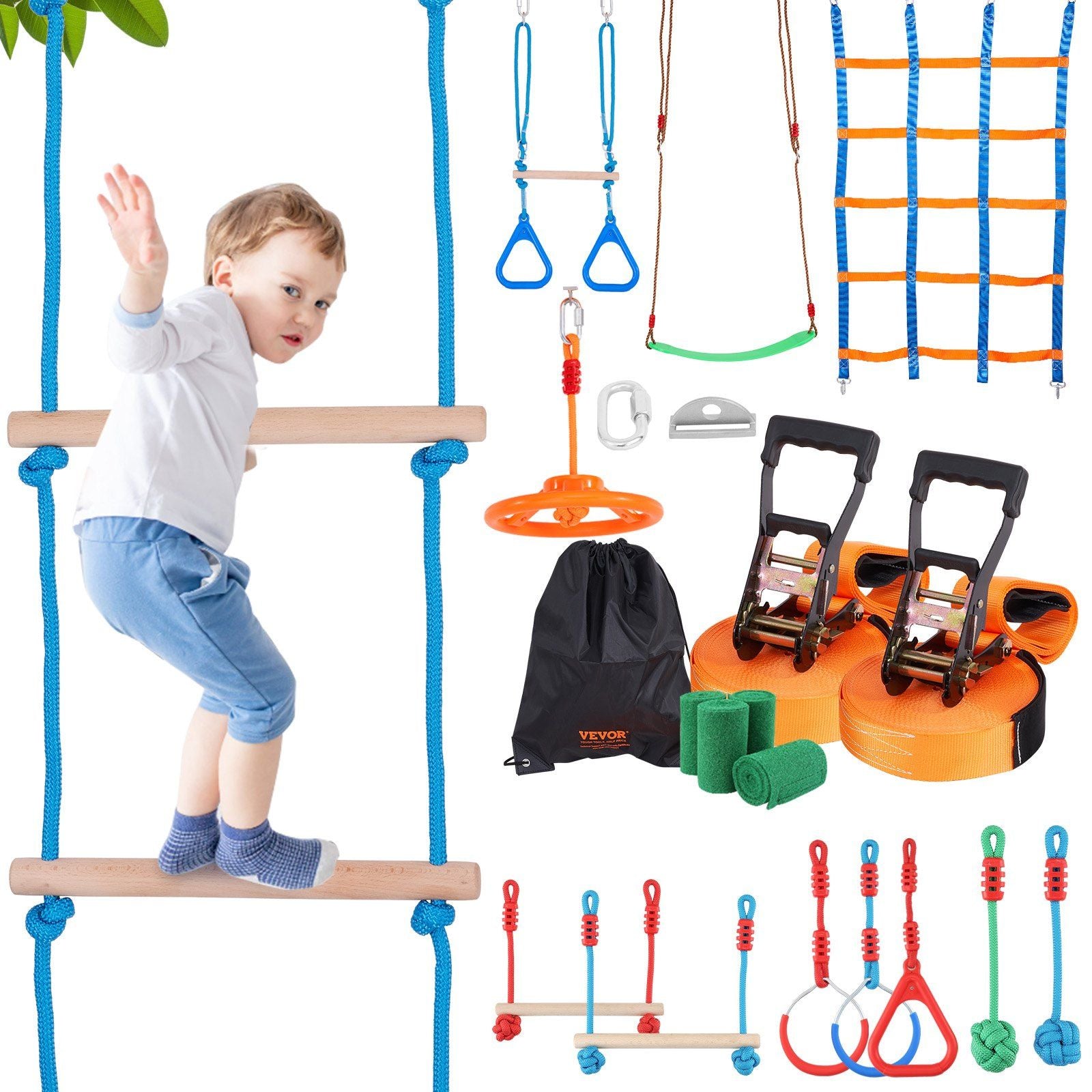 VEVOR Kids Ninja Warrior Outdoor Obstacle Course Set with 12 Accessories, 2 x 65 ft Adjustable Slacklines, 500lbs Weight Capacity for Backyard Fun and Training