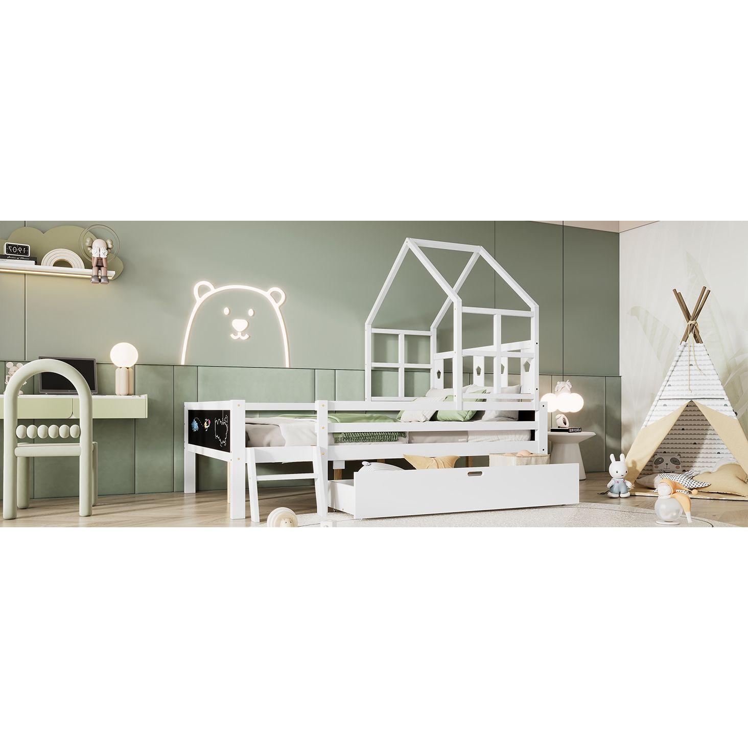 Whimsical Loft Bed with Chalkboard Ends and Storage for Kids - Sturdy Wooden Design