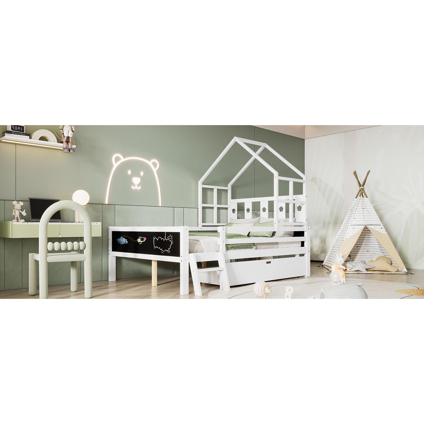 Whimsical Loft Bed with Chalkboard Ends and Storage for Kids - Sturdy Wooden Design