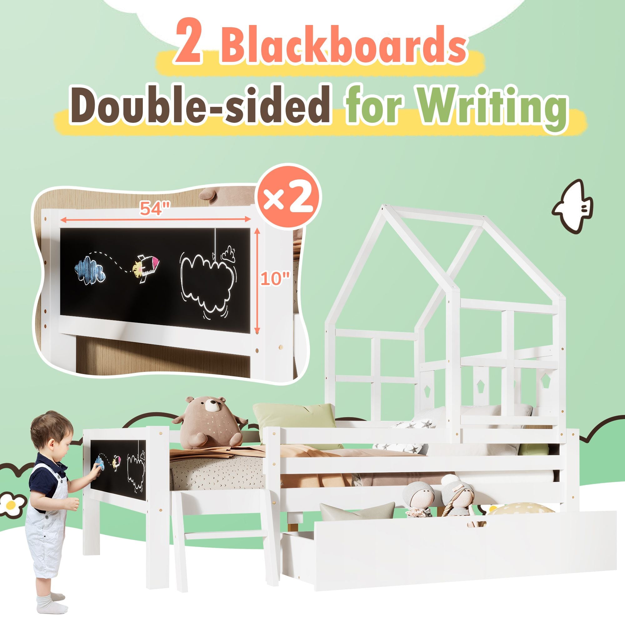 Whimsical Loft Bed with Chalkboard Ends and Storage for Kids - Sturdy Wooden Design