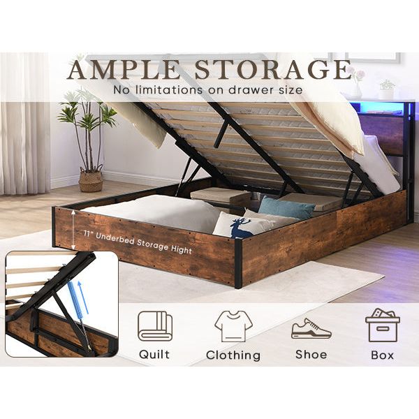 Smart Storage Haven: Contemporary Lift-Up Bed Frame with LED Ambiance