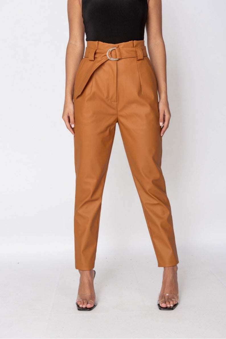 Rust Faux Leather High-Waisted Paperbag Trousers