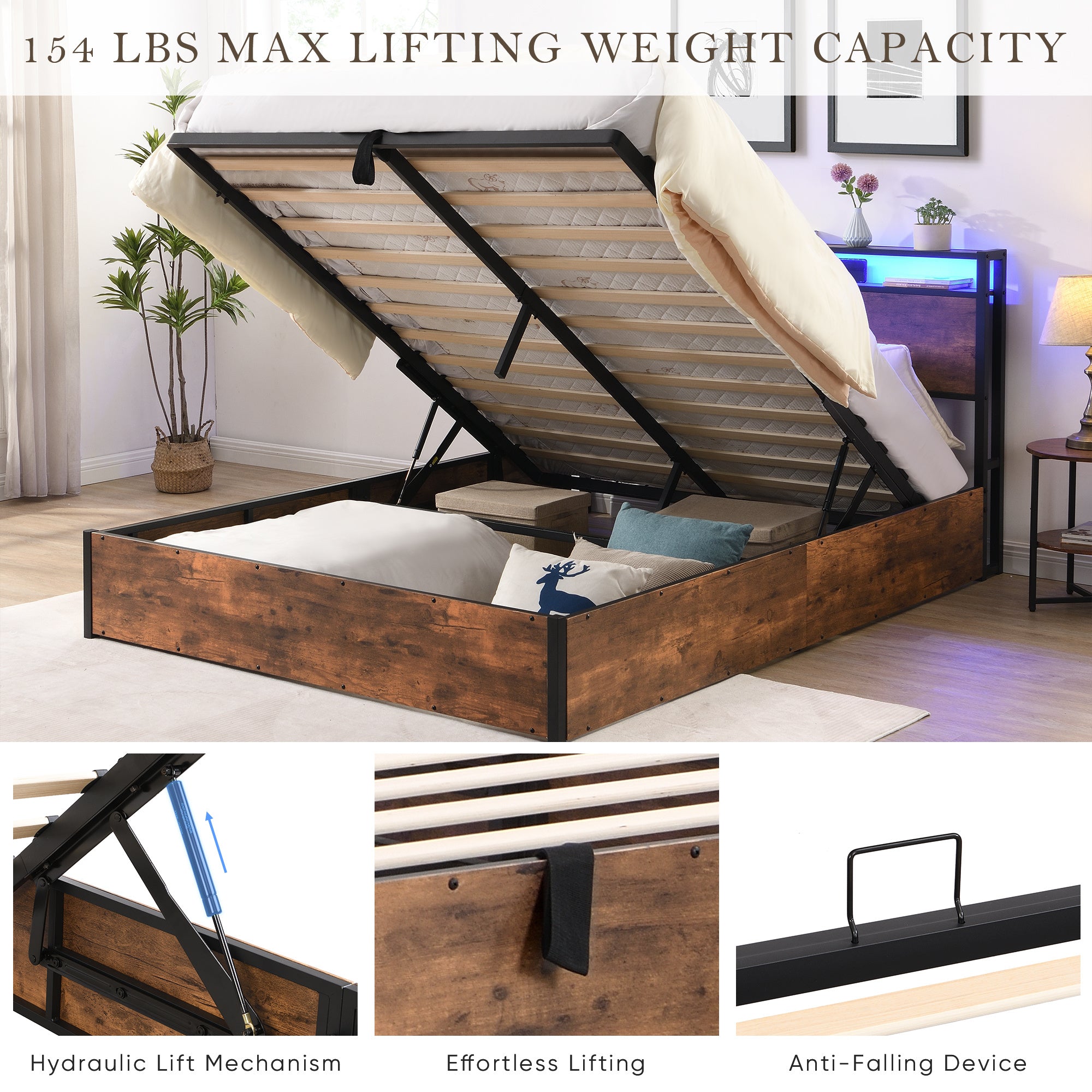 Smart Storage Haven: Contemporary Lift-Up Bed Frame with LED Ambiance