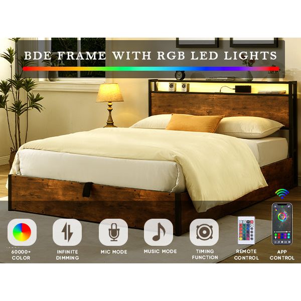 Smart Storage Haven: Contemporary Lift-Up Bed Frame with LED Ambiance