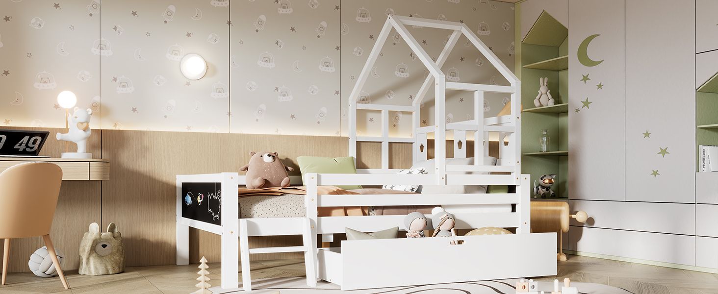 Whimsical Loft Bed with Chalkboard Ends and Storage for Kids - Sturdy Wooden Design