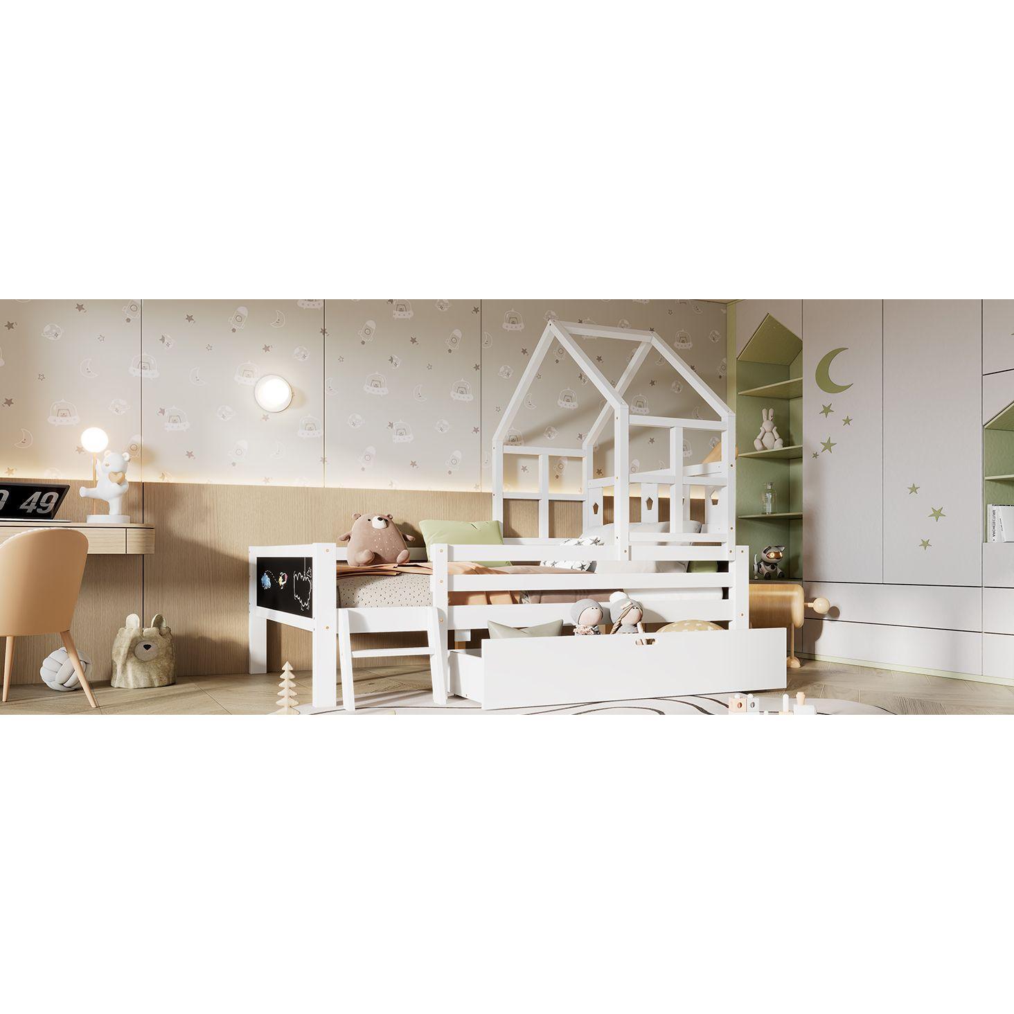 Whimsical Loft Bed with Chalkboard Ends and Storage for Kids - Sturdy Wooden Design
