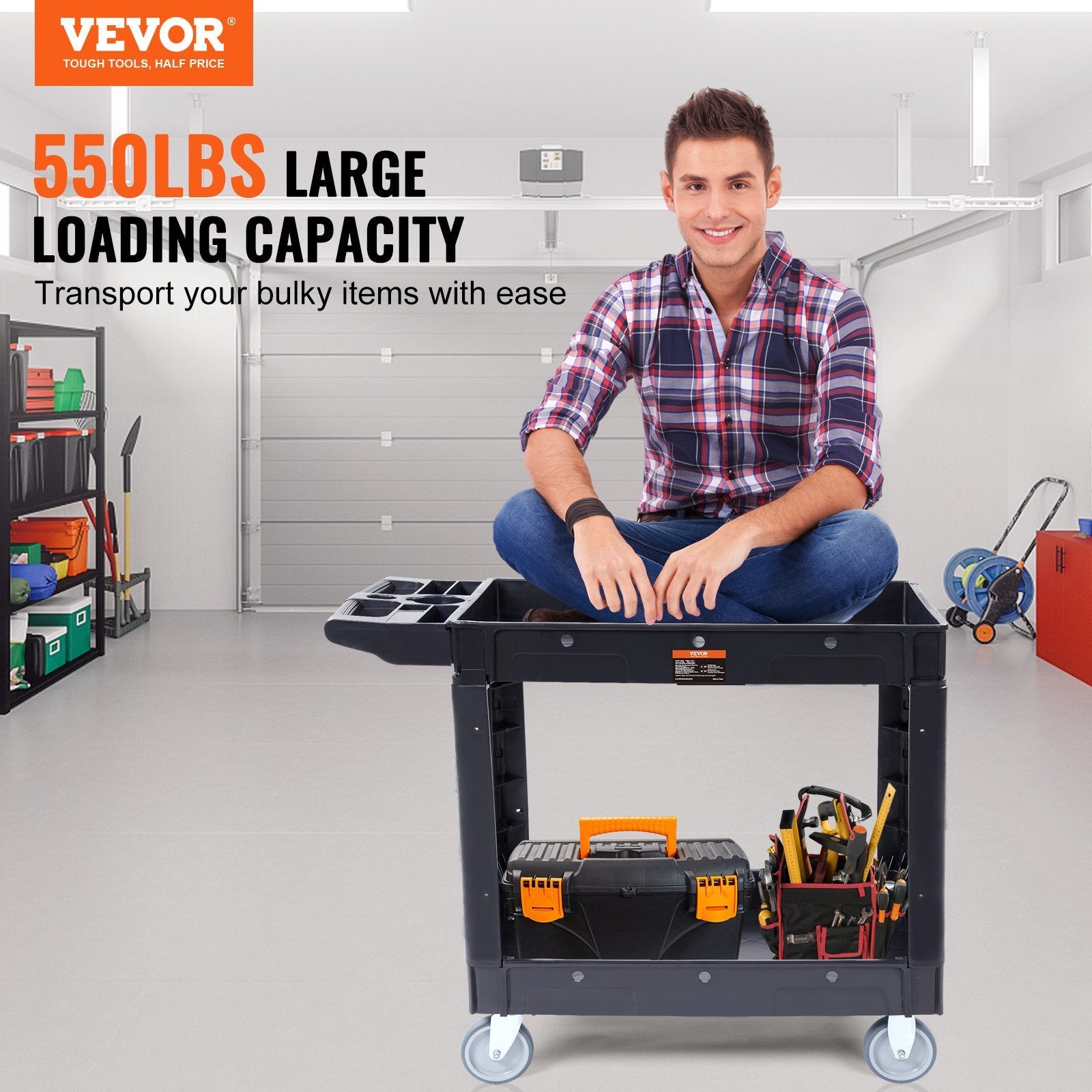 VEVOR Heavy-Duty 2-Tier Rolling Utility Cart with Lockable Swivel Wheels