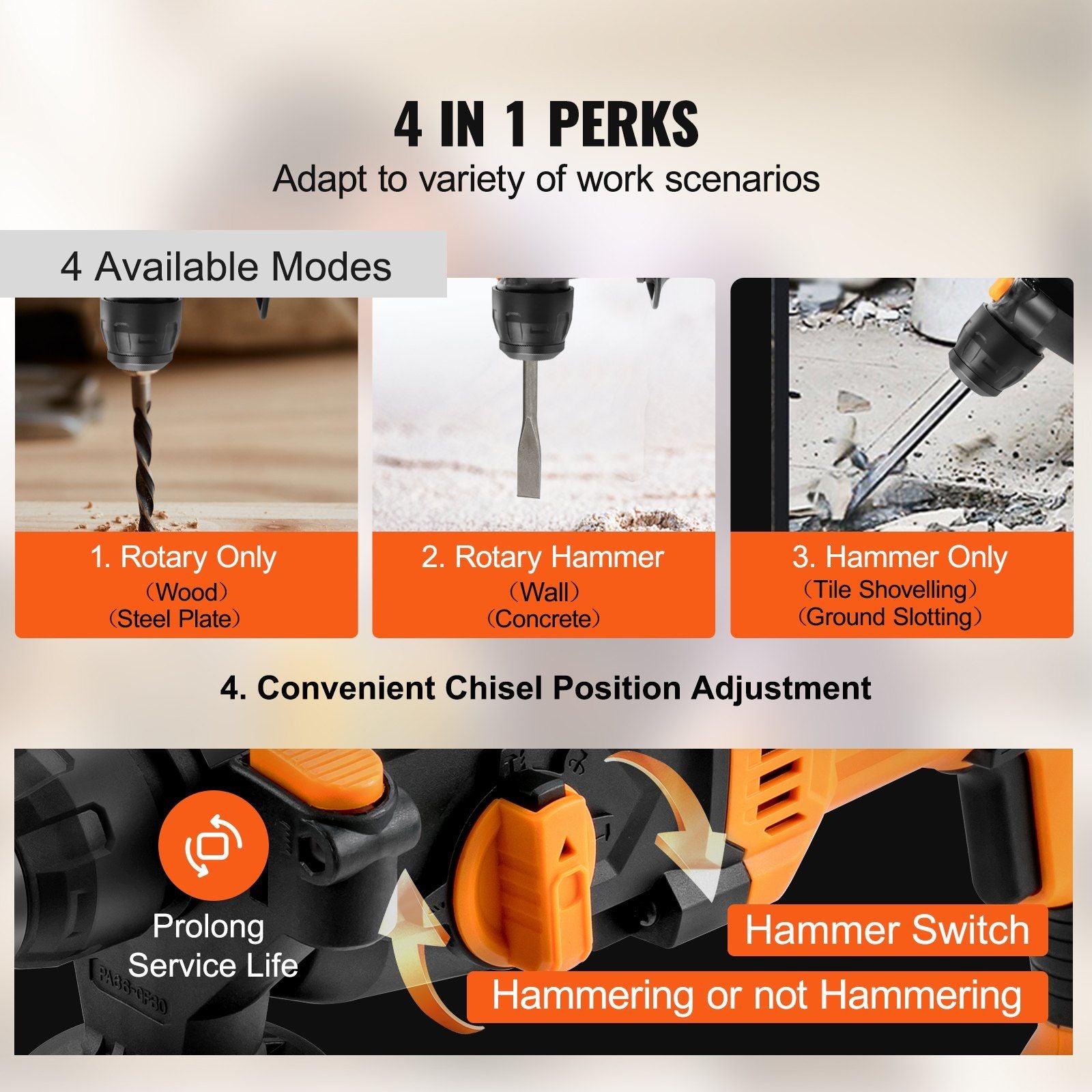 VEVOR Heavy-Duty SDS-Plus Rotary Hammer Drill with 4 Function Modes and 1" Max Drilling Diameter