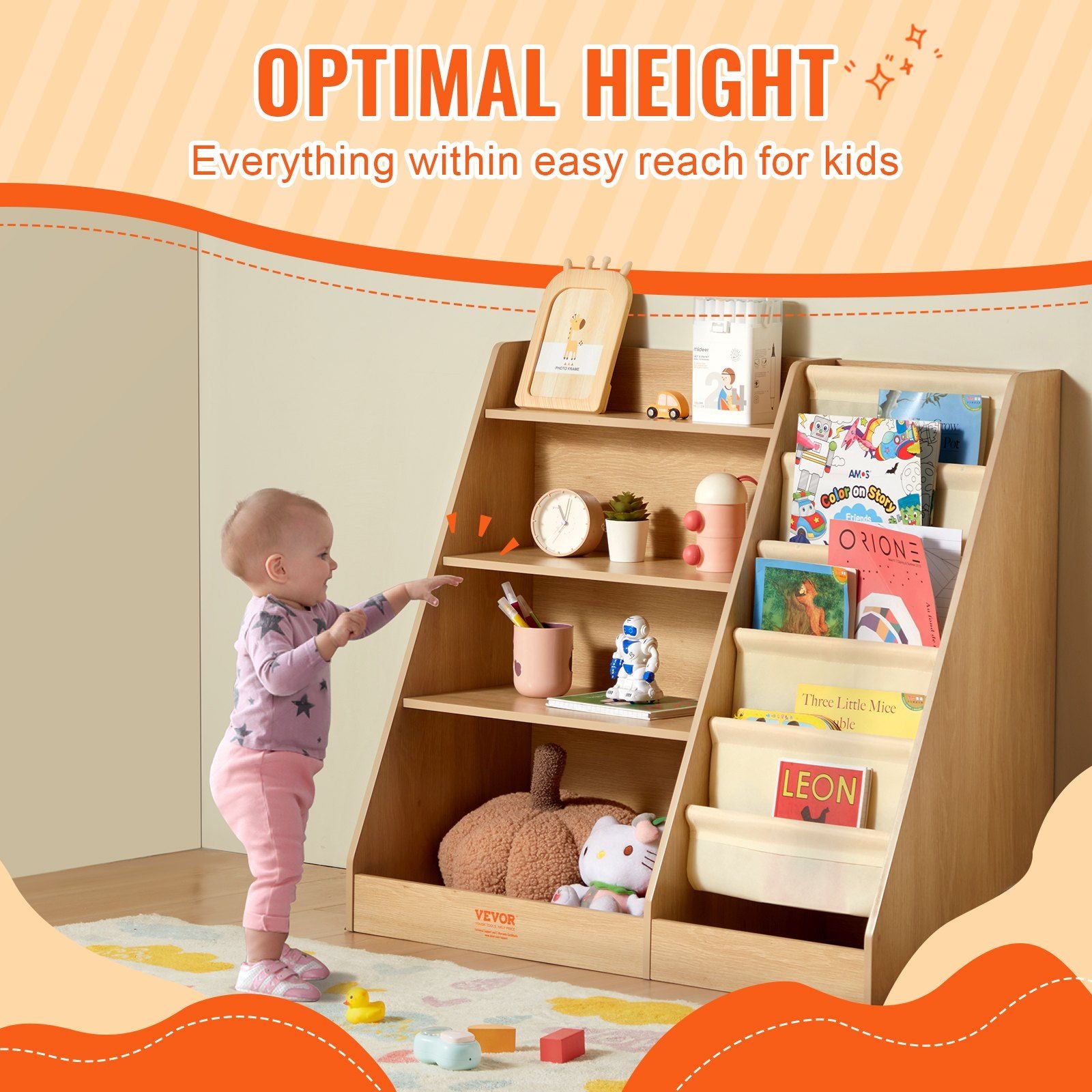 VEVOR Kid-Friendly 4-Tier Wooden Book Organizer with Sling Design – Versatile Storage Solution for Toys and Books