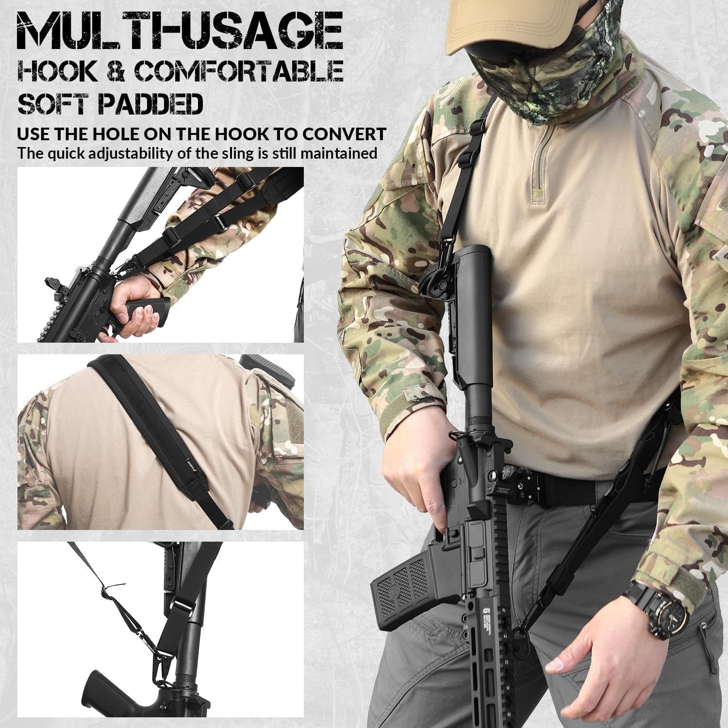 QD Tactical 2-Point Gun Sling with Quick Adjust Feature, Soft EVA Shoulder Pad, HK Hook, and Versatile Attachment Options for Hunting and Outdoor Use