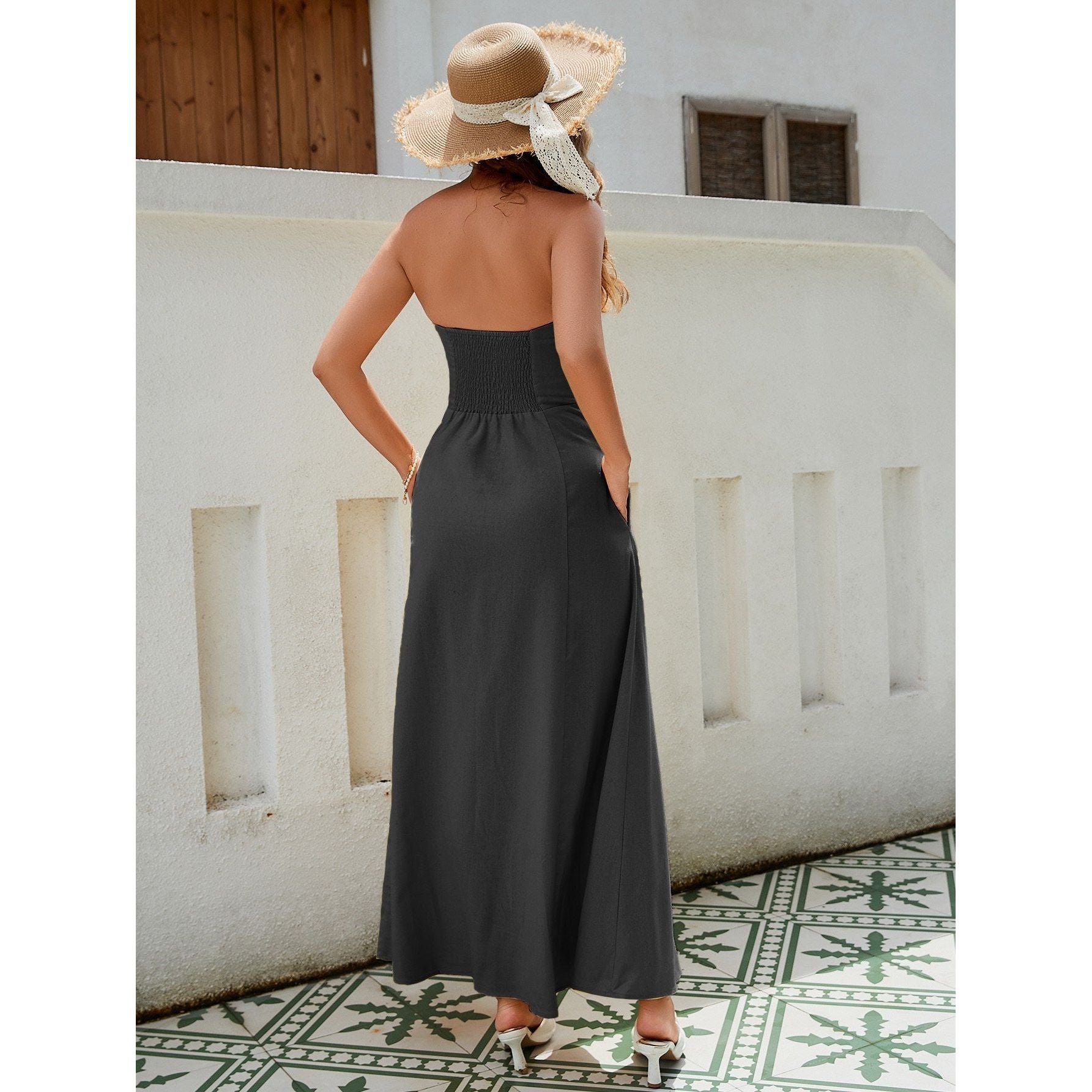 Women's Strapless Linen Maxi Dress - Breathable Fabric With Shirred Back, Flattering A-Line Cut In Classic Black, White, And Yellow