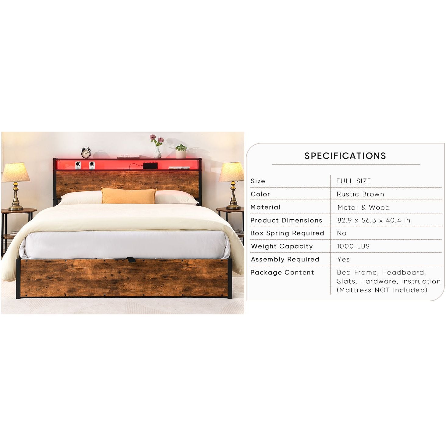 Smart Storage Haven: Contemporary Lift-Up Bed Frame with LED Ambiance