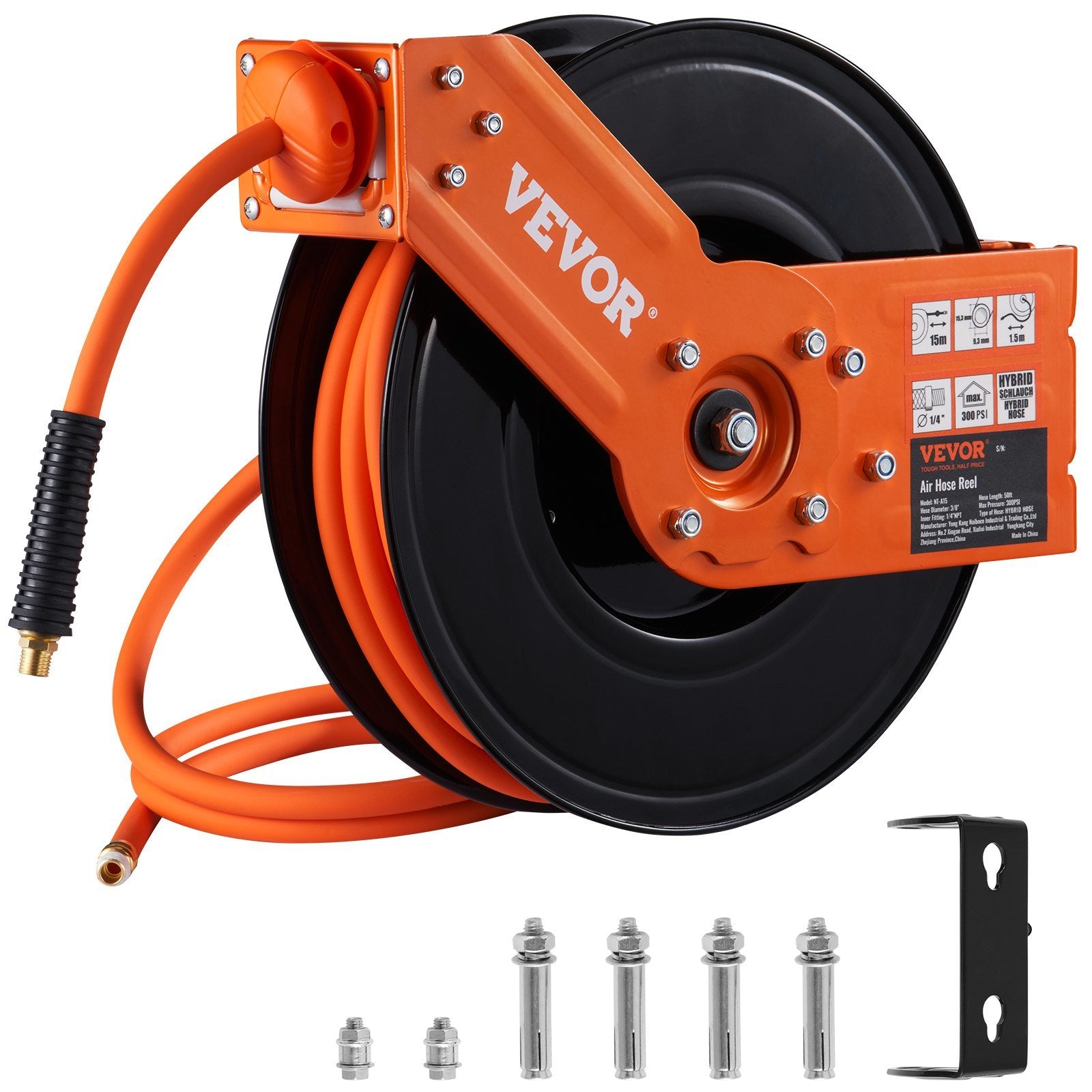 VEVOR 50FT Automatic Retractable Air Hose Reel with 180° Swivel Mount