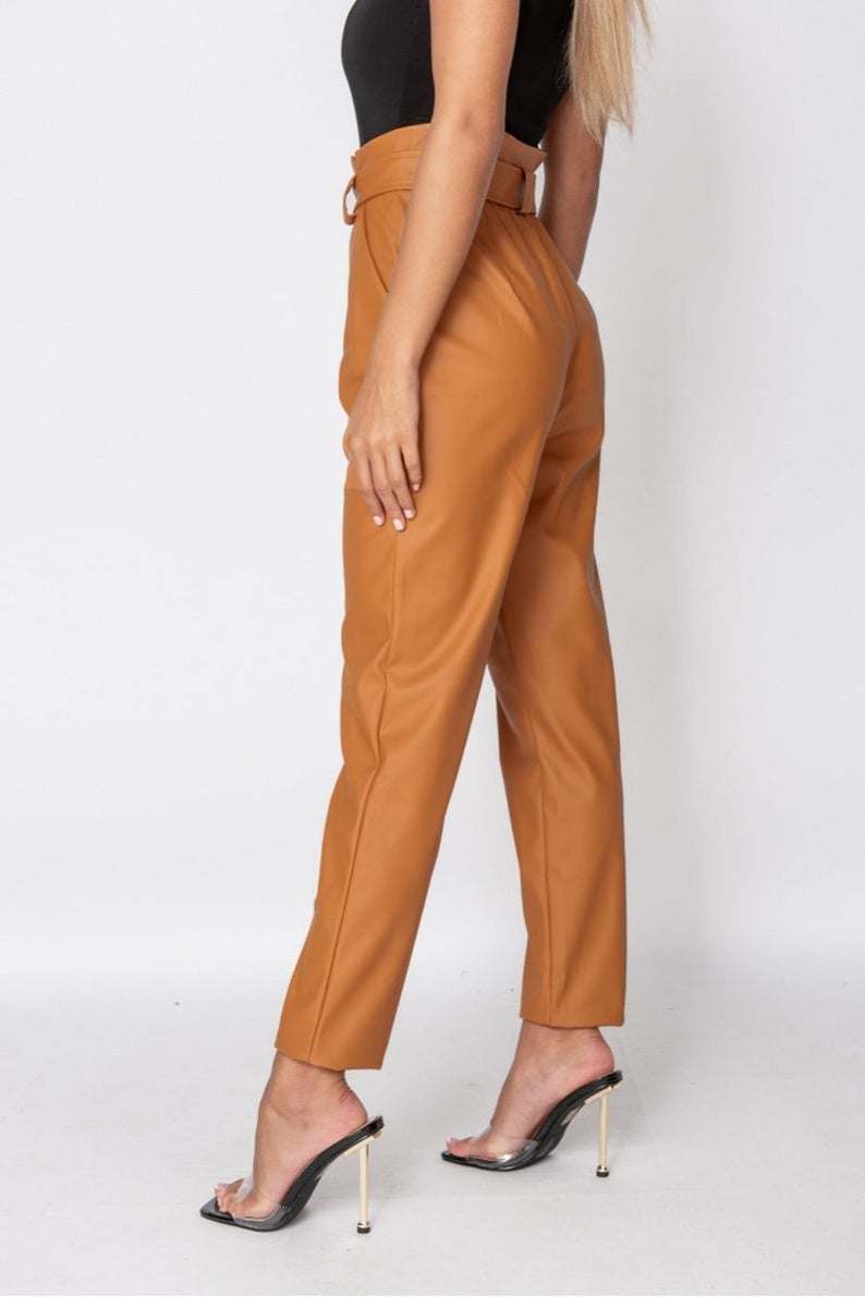 Rust Faux Leather High-Waisted Paperbag Trousers