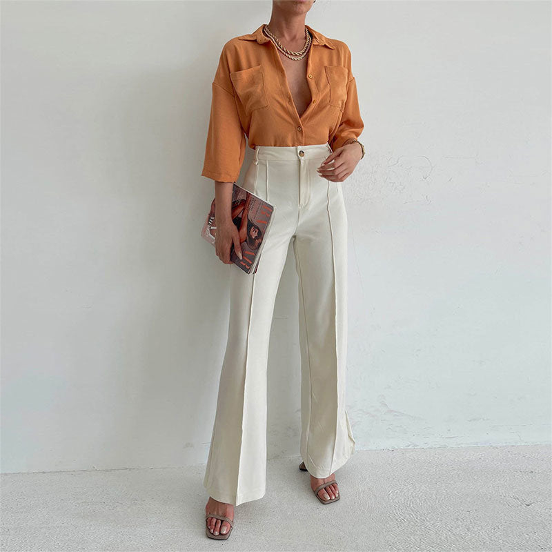 Elegant Autumn Flare Trousers for Women - Trendy Office Chic with Button Accent