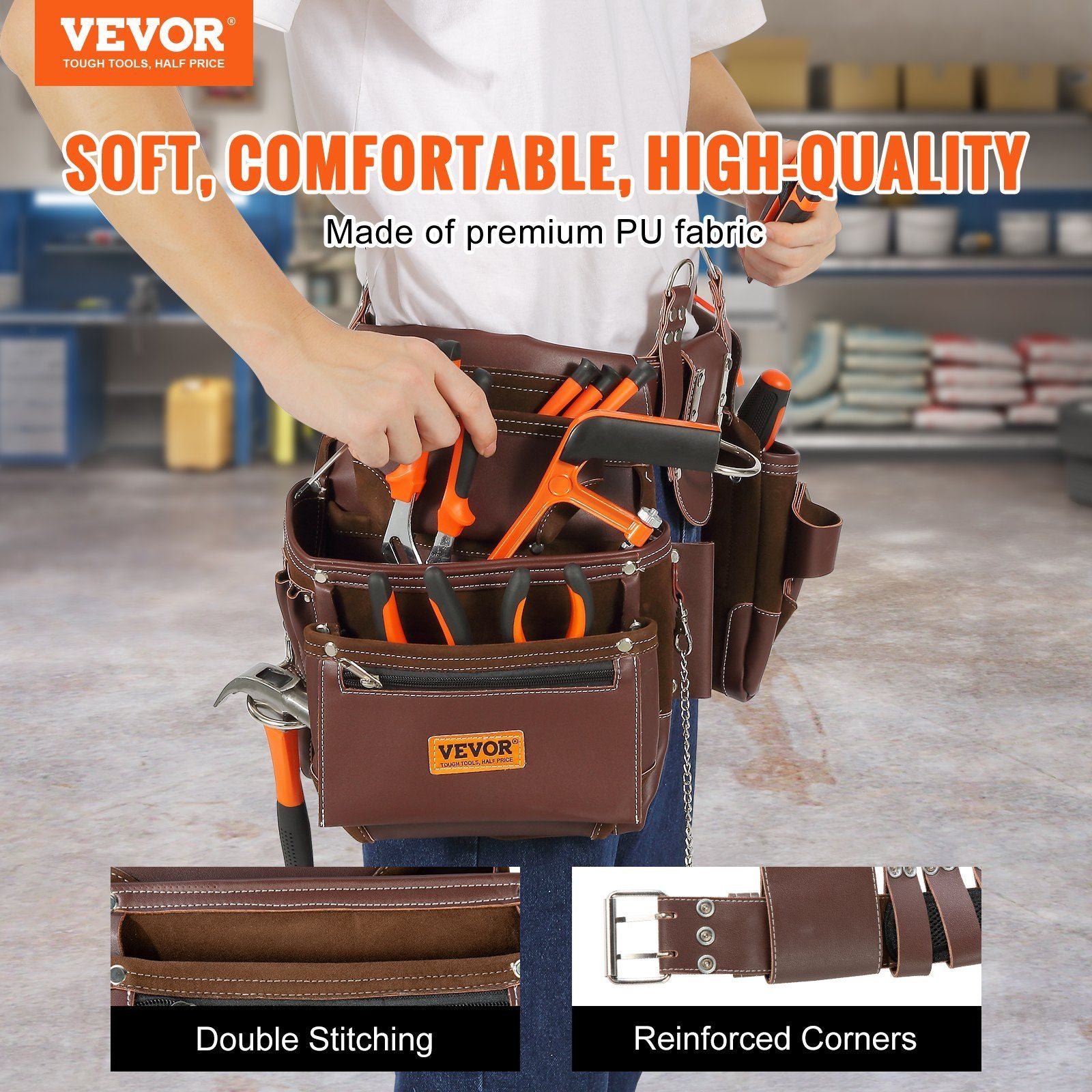 VEVOR Premium PU Tool Belt with 22 Pockets, Adjustable 29-54 Inches, Heavy Duty Pouch Bag for Efficient Organization