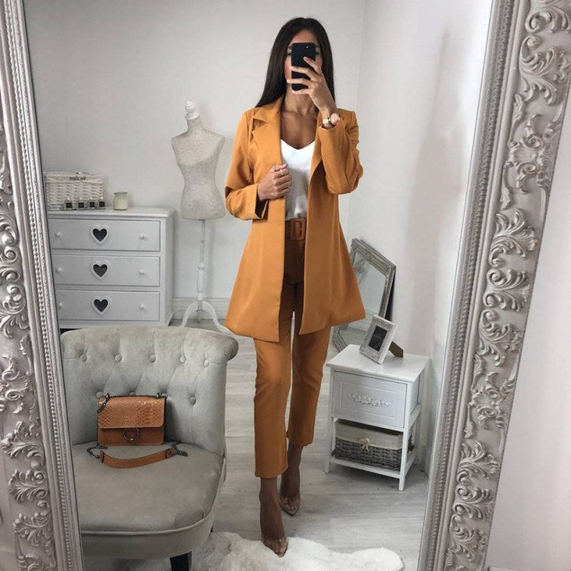 Elegant Long-Sleeve Belted Suit Jacket