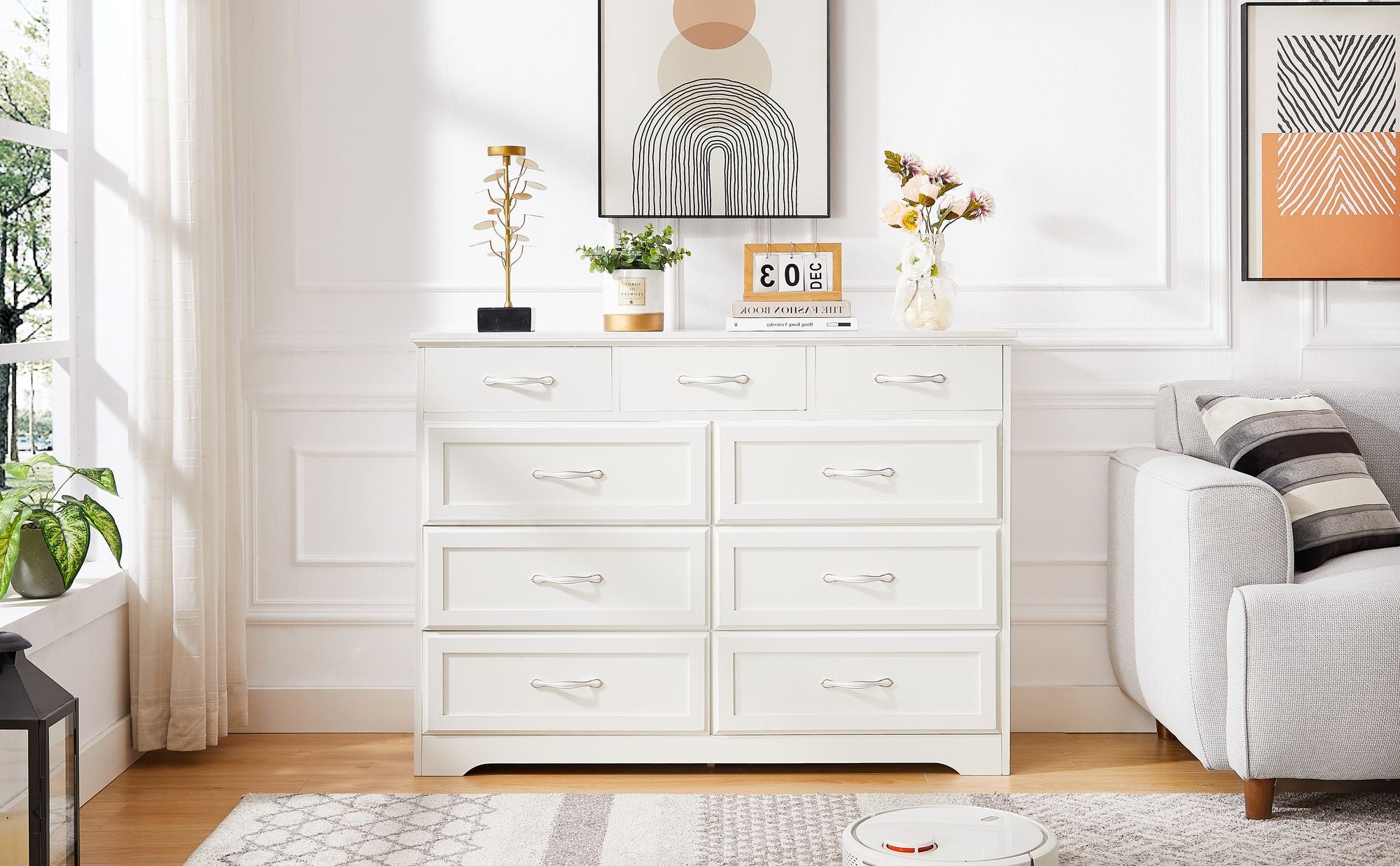 Rustic 9-Drawer White Dresser with Antique Handles for Kids' Rooms and Beyond