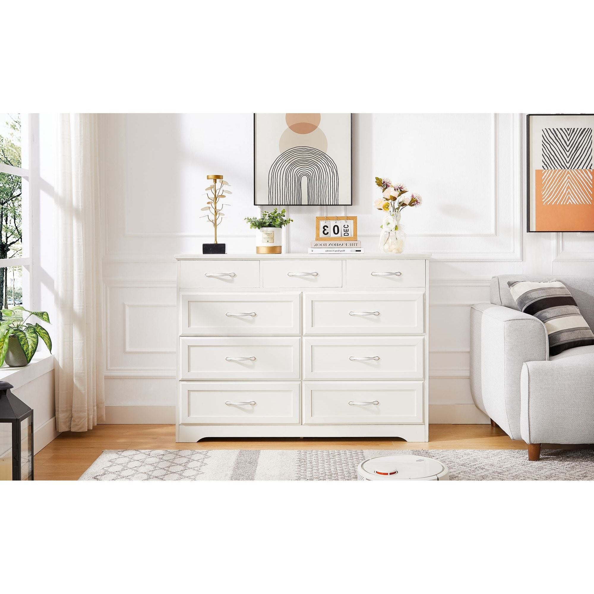 Rustic 9-Drawer White Dresser with Antique Handles for Kids' Rooms and Beyond