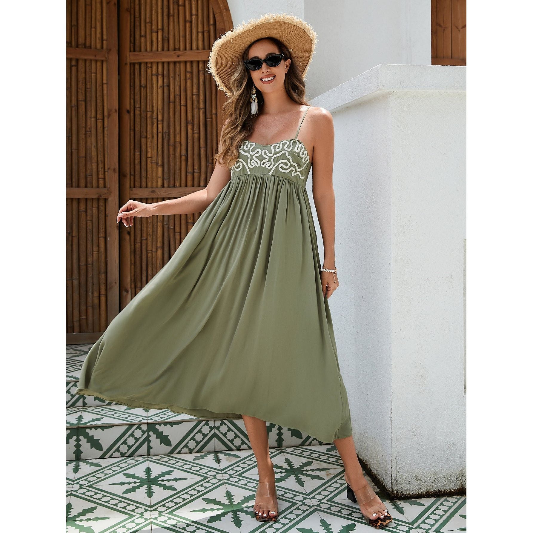 Women's Bohemian Maxi Dress - Breathable Rayon Fabric With Embroidered Bust And Elastic Back, Flowy Skirt In Black, White, And Green