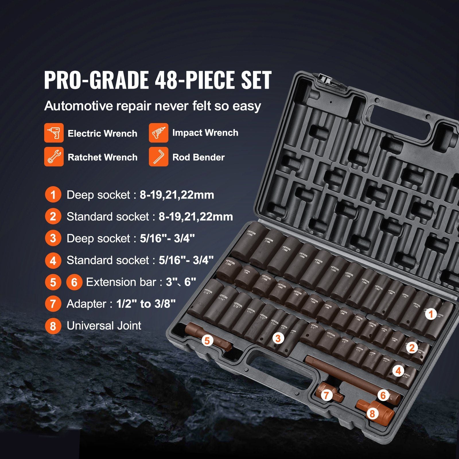 VEVOR 3/8" Drive Impact Socket Set - 48 Piece SAE & Metric Tool Kit for Automotive Repair