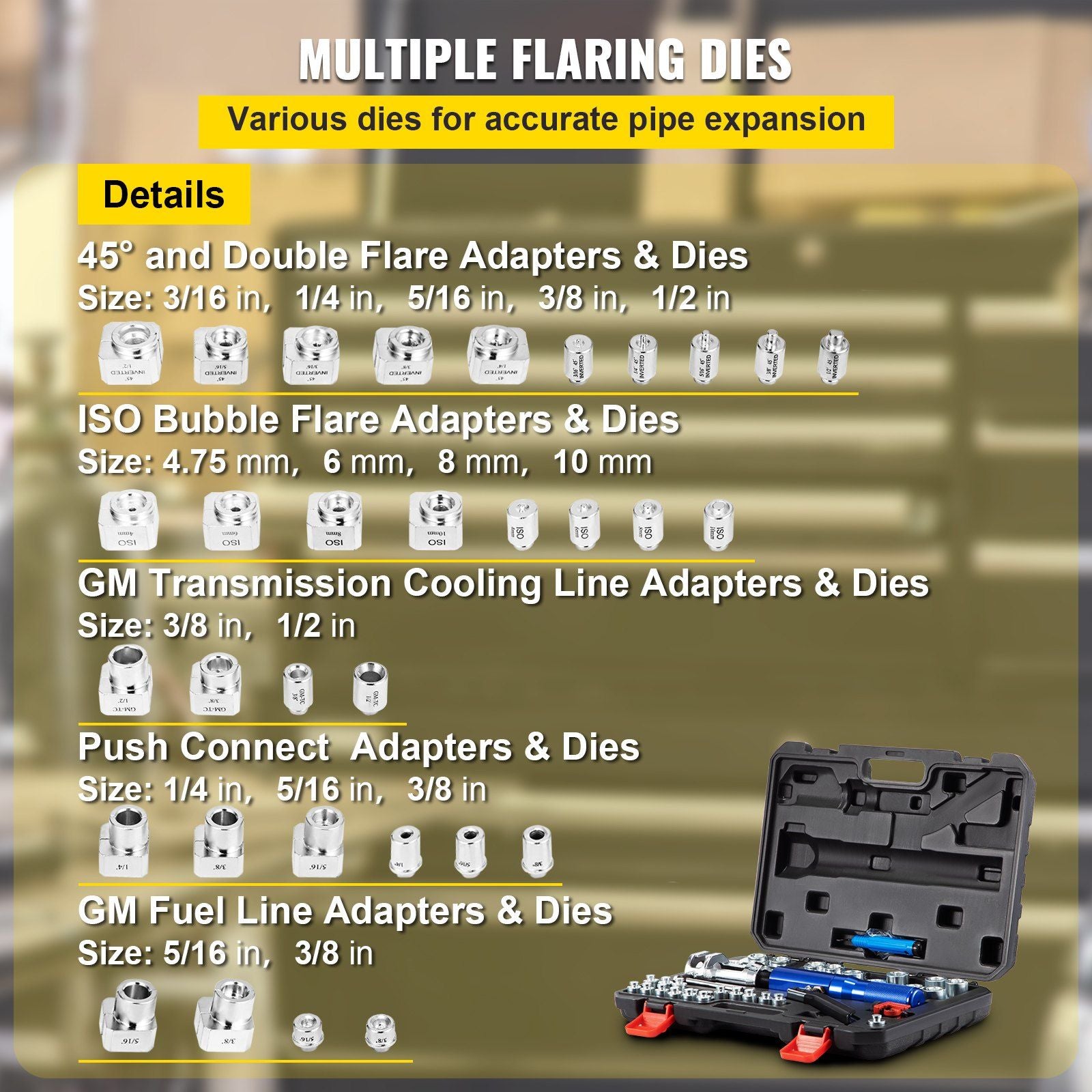 VEVOR 45° Hydraulic Flaring Tool Kit for Brake and HVAC Repair, 3/16"-1/2" Double Flaring Tools with Adapters and Accessories