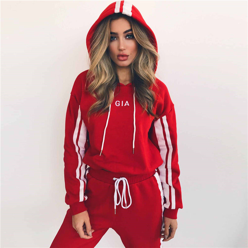 Chic Women's 2-Piece Tracksuit: Casual Hooded Crop Sweatshirt & Red White Sweat Pants Set