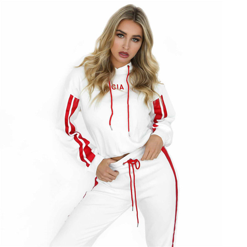 Chic Women's 2-Piece Tracksuit: Casual Hooded Crop Sweatshirt & Red White Sweat Pants Set