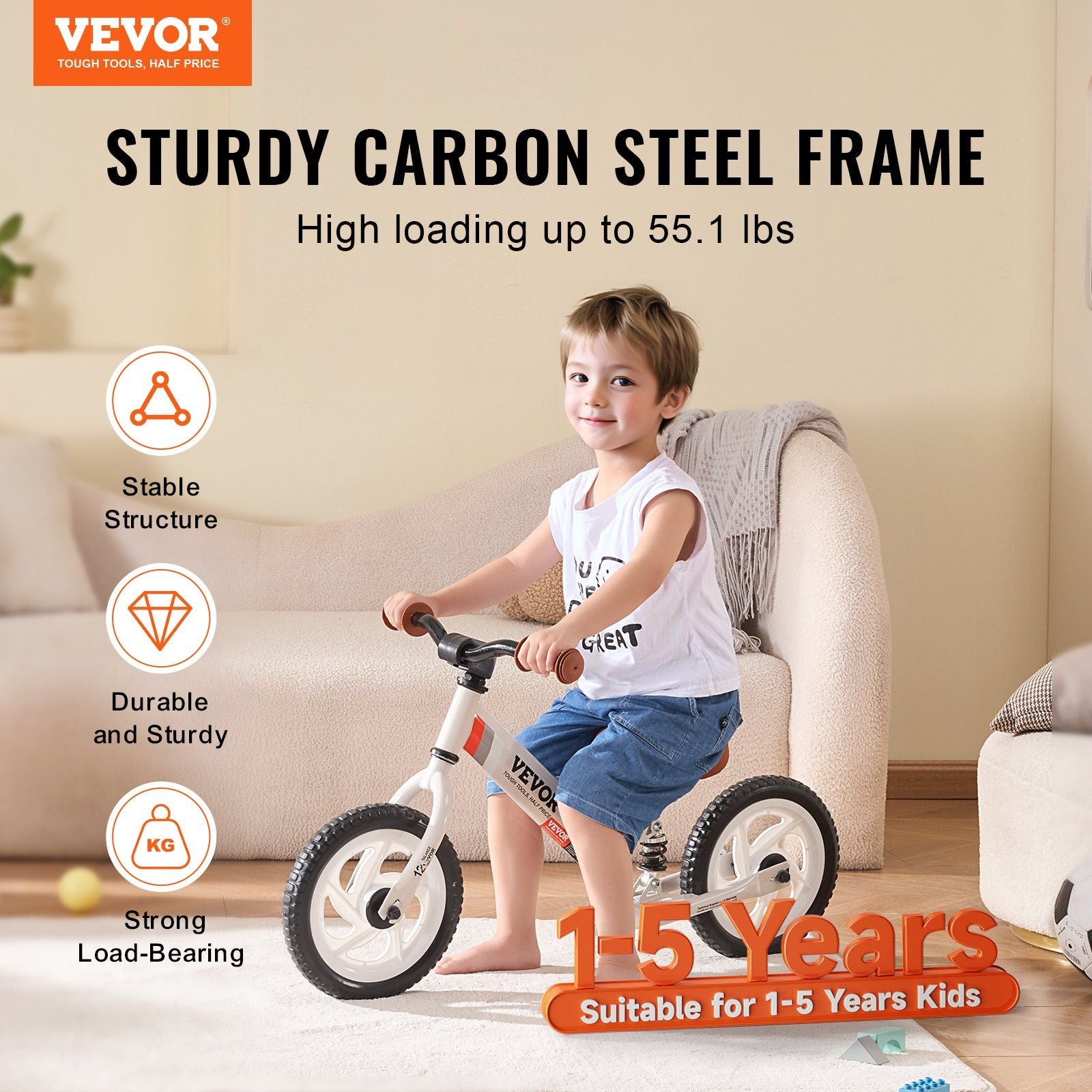 VEVOR Kids' 12" Balance Bike - Adjustable Carbon Steel Frame with EVA Foam Tires for Toddlers