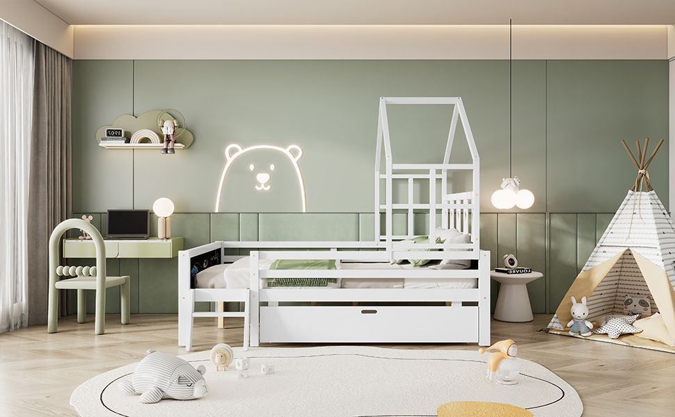 Whimsical Loft Bed with Chalkboard Ends and Storage for Kids - Sturdy Wooden Design