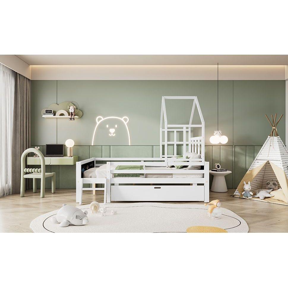 Whimsical Loft Bed with Chalkboard Ends and Storage for Kids - Sturdy Wooden Design