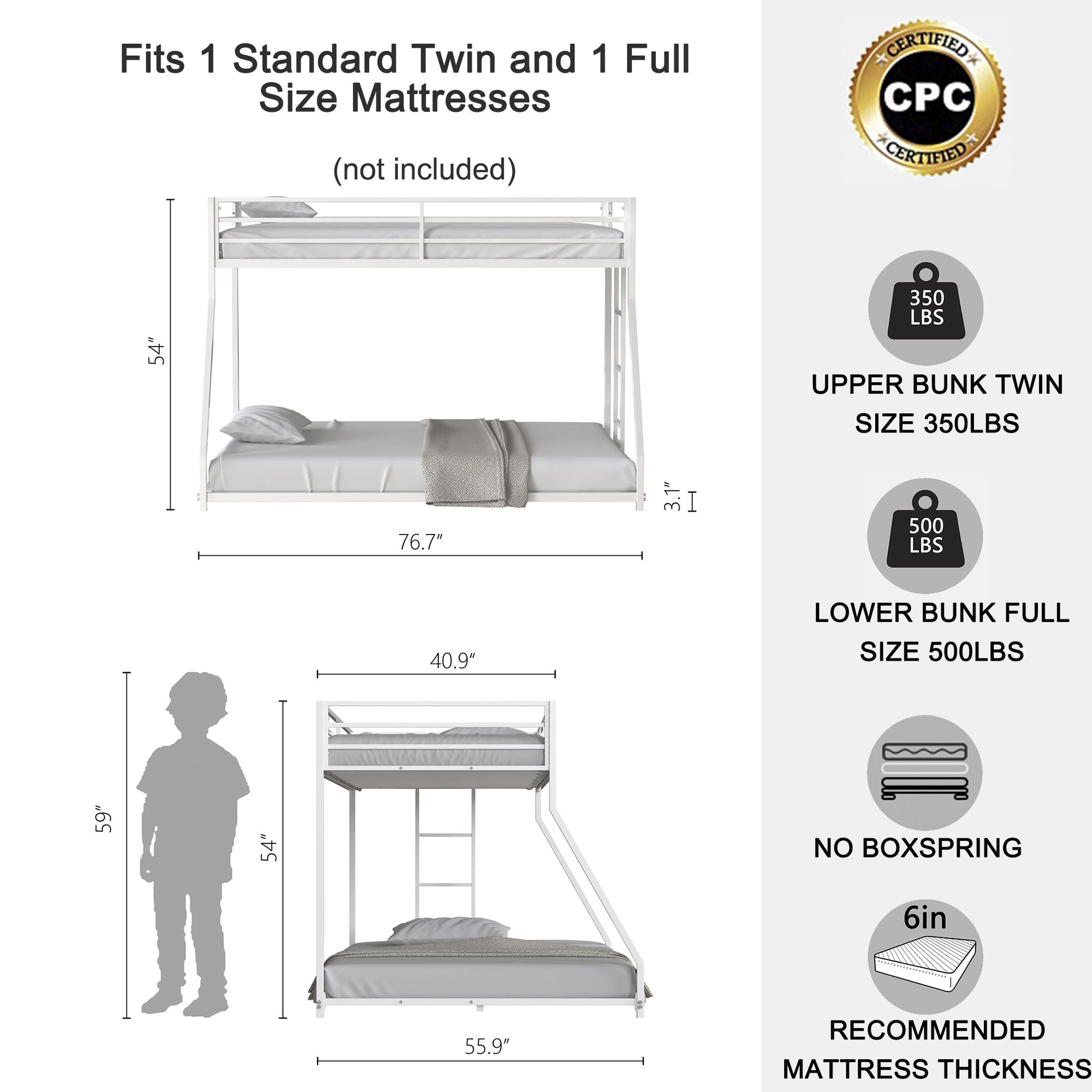 Sturdy White Twin over Full Metal Bunk Bed for Kids and Adults with Easy Climbing Ladder and Safety Guardrails