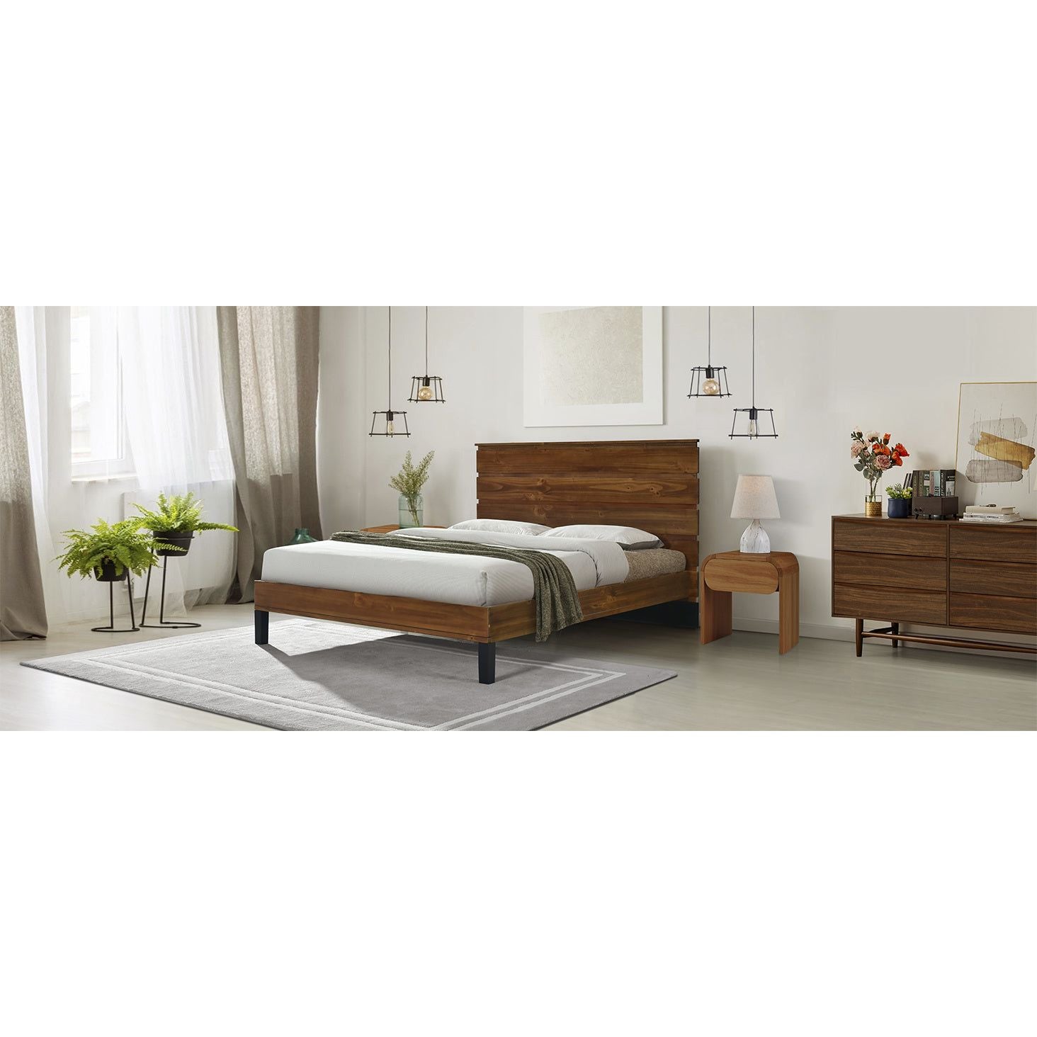 Elegant Mid-Century Pinewood King Bed