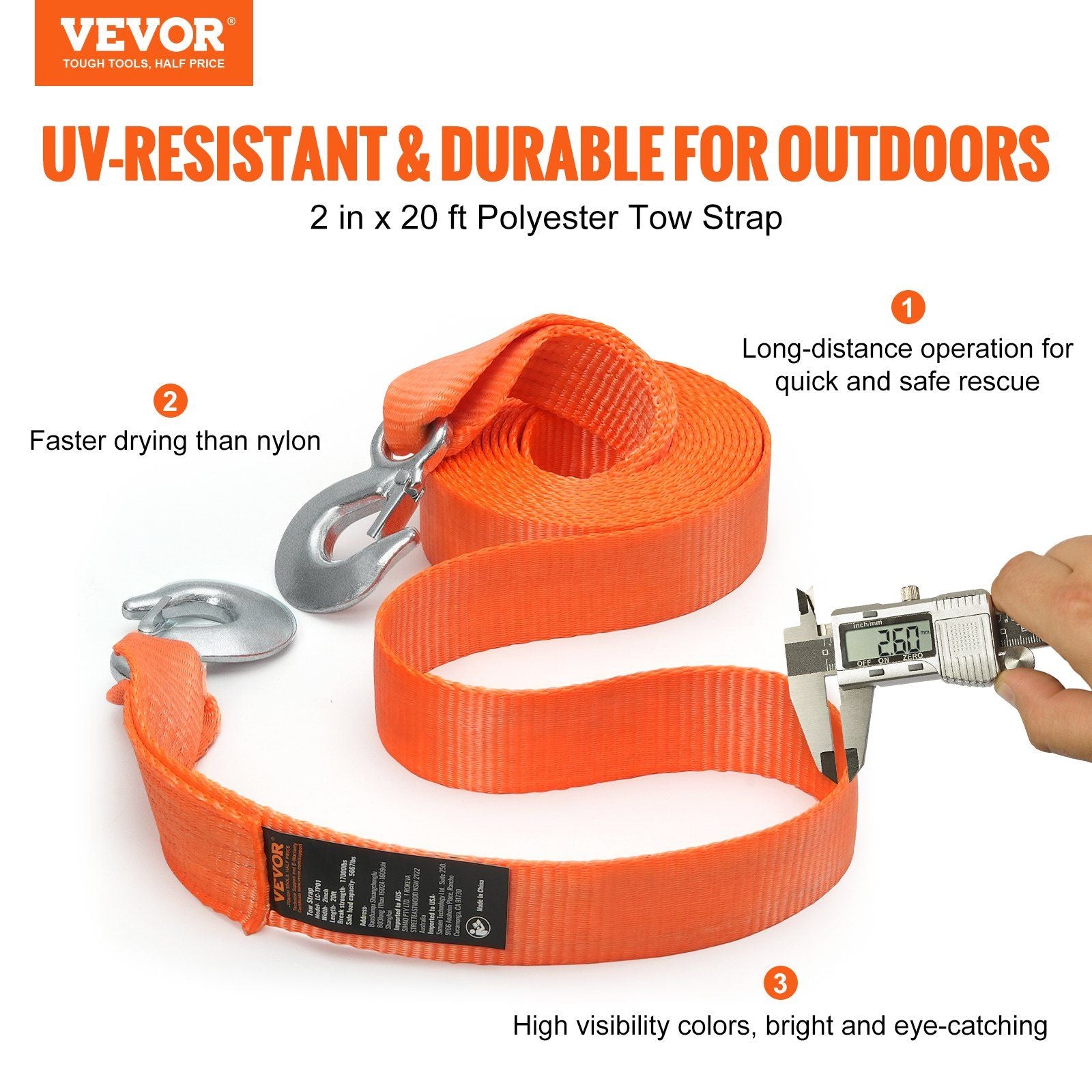 VEVOR Heavy-Duty 2"x20' ATV Tow Strap with High-Strength Hooks - 17,000 lbs Capacity for Ultimate Vehicle Recovery