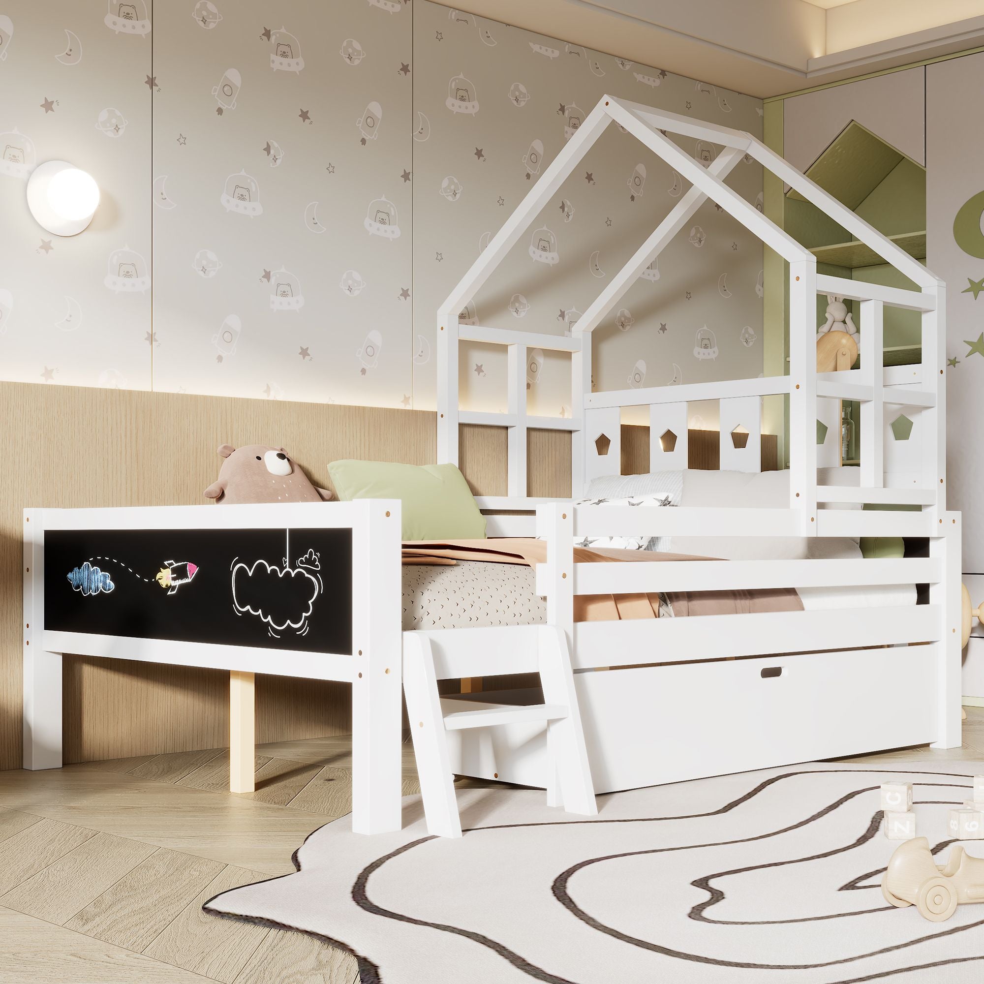 Whimsical Loft Bed with Chalkboard Ends and Storage for Kids - Sturdy Wooden Design