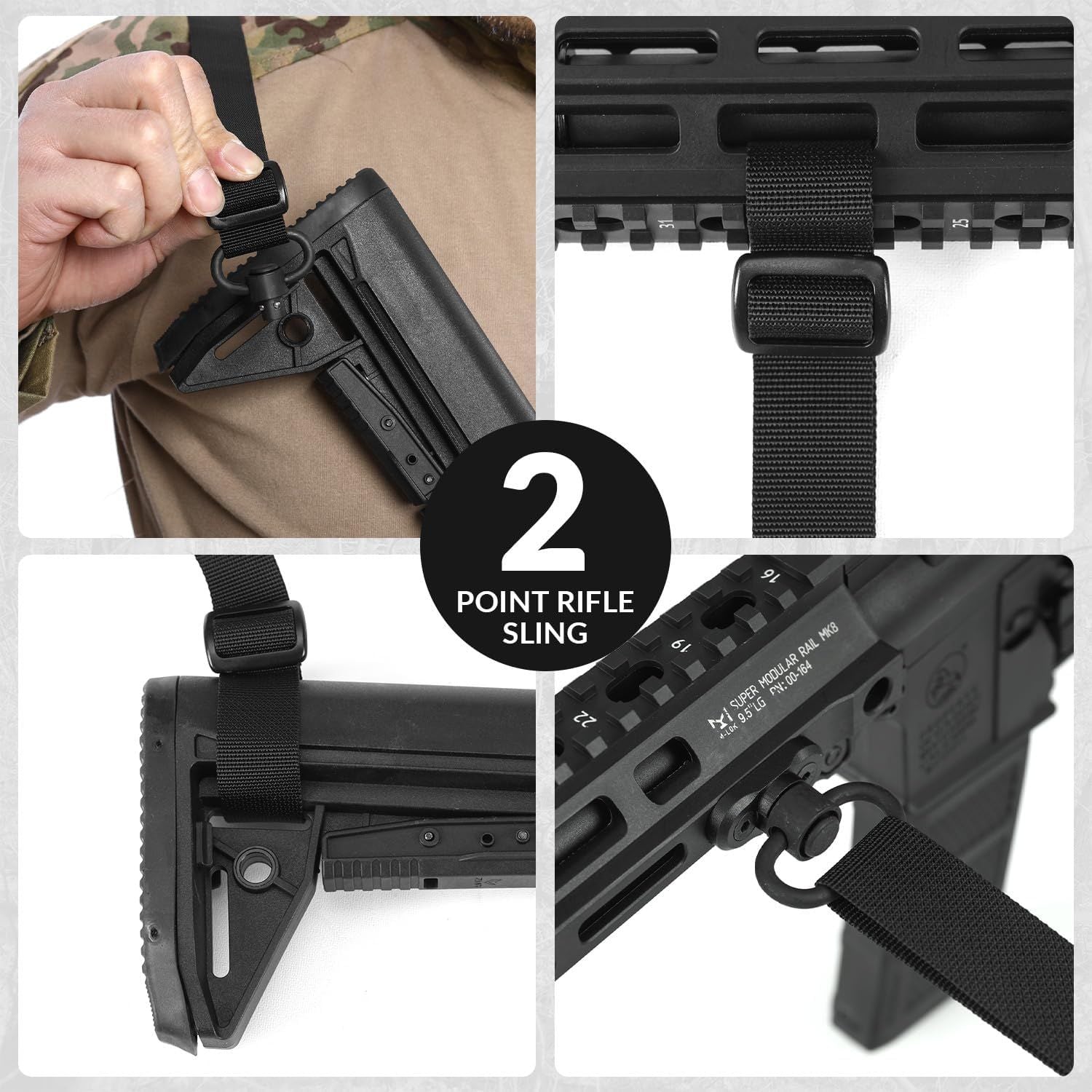 QD Tactical 2-Point Gun Sling with Quick Adjust Feature, Soft EVA Shoulder Pad, HK Hook, and Versatile Attachment Options for Hunting and Outdoor Use