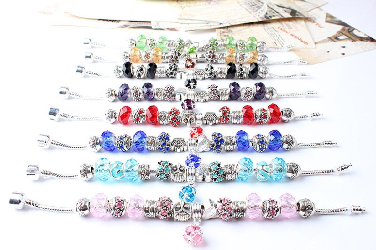 Snake Chain Bracelet Silver-Toned Glass Crystal Beads Crown Beads Heart Charm Bracelet Fashion Jewelry