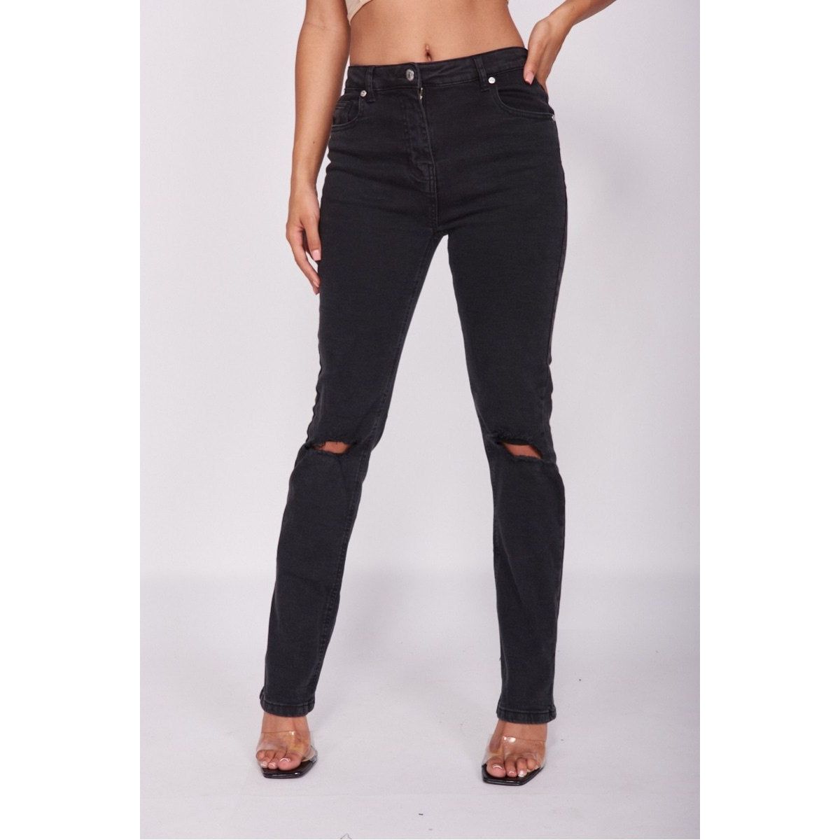 Charcoal Distressed Straight Leg Jeans