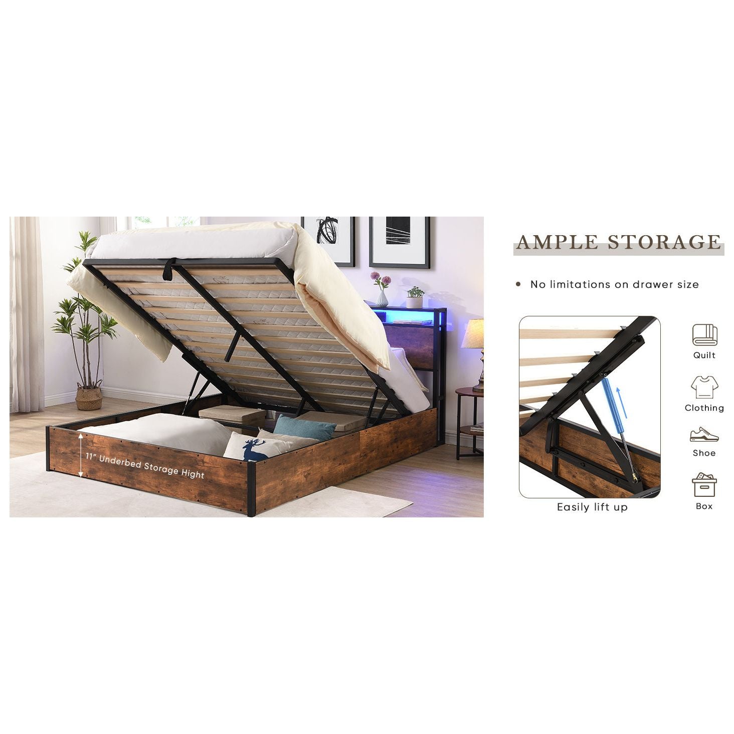 Smart Storage Haven: Contemporary Lift-Up Bed Frame with LED Ambiance
