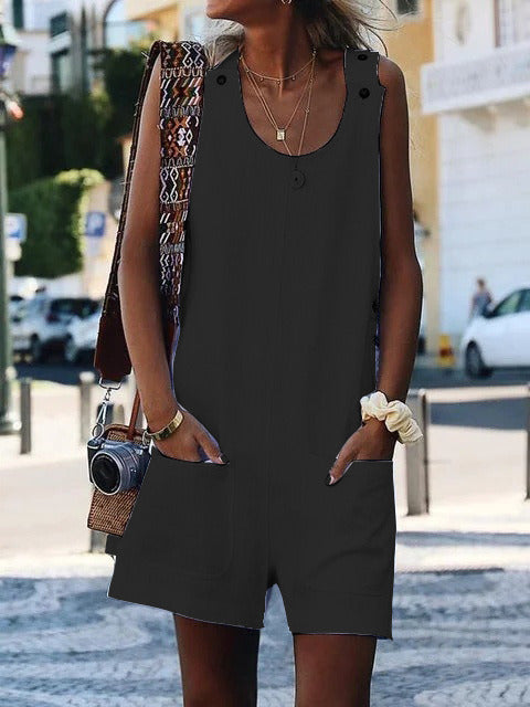 Summer New Women's Pocket Button Cotton and Linen Strap Button Jumpsuit