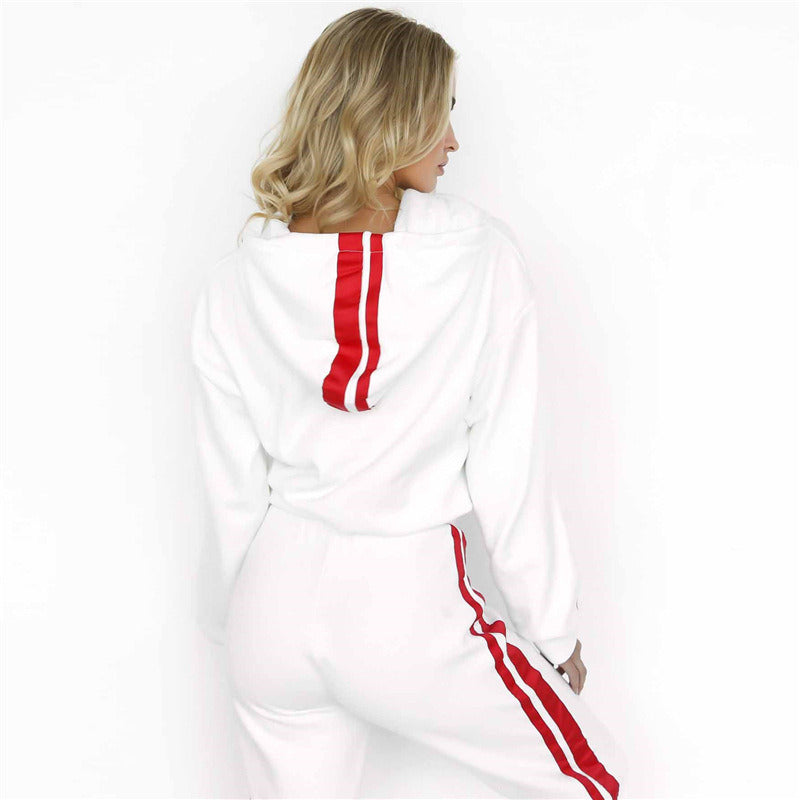 Chic Women's 2-Piece Tracksuit: Casual Hooded Crop Sweatshirt & Red White Sweat Pants Set